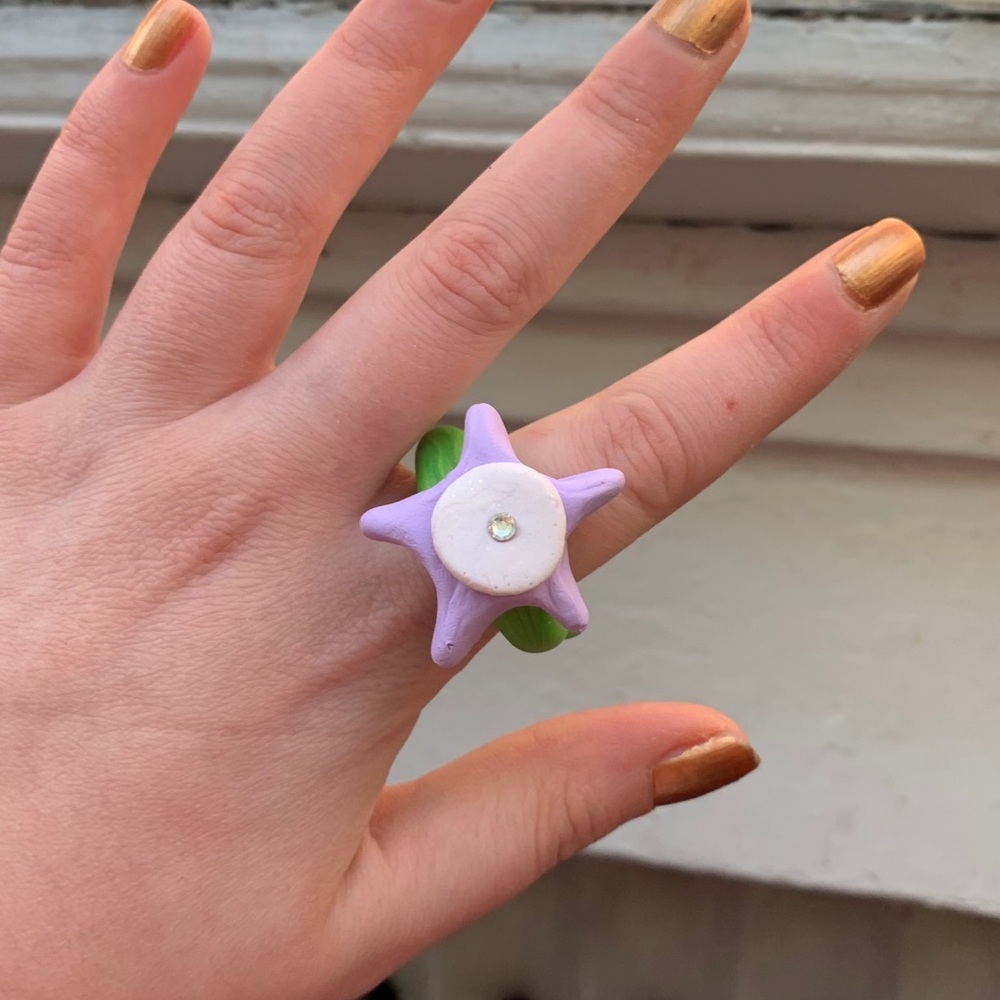 Handmade Purple Star/Flower Rhinestone Clay Ring